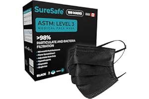 SureSafe 100 PCS ASTM Level-3 Masks Disposable, Black face mask, Medical mask, Disposable Masks with Earloops, dust mask