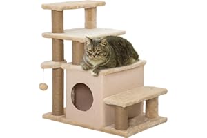PawHut Adjustable Height Cat Stairs with Jute Scratching Posts, Cat House for Cozy Rest, Pet Steps for Couch Sofa and High Be