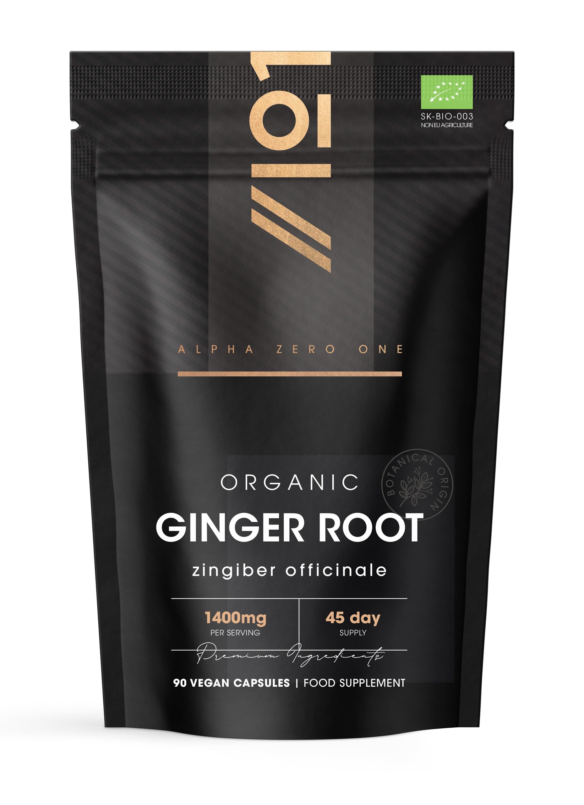 Organic Ginger Root 1400mg - High Strength Zingiber Officinale Supplement - 90 Vegan Capsules (45 Day Supply) - Resealable and Recyclable Pouch - By Alpha01