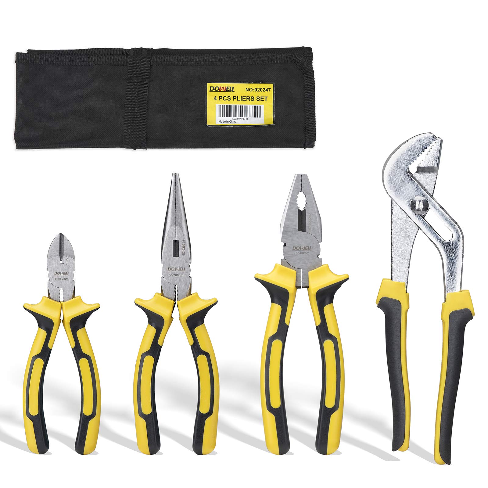 DOWELL Pliers Set - 4 Piece Kit with Storage Pouch: 8-Inch Long Nose, Linesman, 6-Inch Diagonal, 10-Inch Groove Joint Pliers