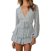 AIMCOO Women's Floral Print Deep V-Neck Romper Double Layer Ruffle Hem Jumpsuits Long Baggy Sleeves Waist Tie Short Rompers