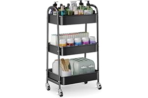 OSIVAEX 3 Tier Metal Rolling Cart with Lockable Wheels, Heavy Duty Three Tiered Baby Cart Organizer on Wheels, Black Utility Storage Trolley Carts for Art, Craft, Snack, Nursery, Diaper,Cleaning Supplies,Mesh
