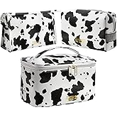 FITINI 3 Pack Makeup Bag Cows Travel Large Toiletry Bag Portable Cosmetic Organizer Pouch with Small Brush Storage Case Gold Zipper Waterproof for Women and Girls,White