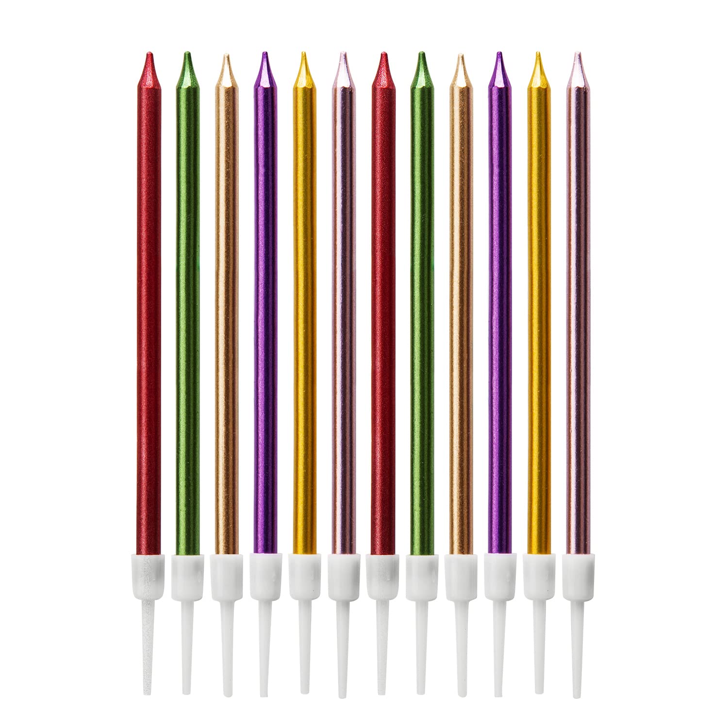 LUTER Metallic Birthday Candles in Holders Multi Color Tall Birthday Cake Candles Long Thin Cupcake Candles for Birthday Wedding Party Decoration (24 Pieces)