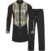 ZSJR Mens African 2 Piece Sets Dashiki Metallic Traditional Suit Gold Stamp Printed Shirt and Pants Outfit