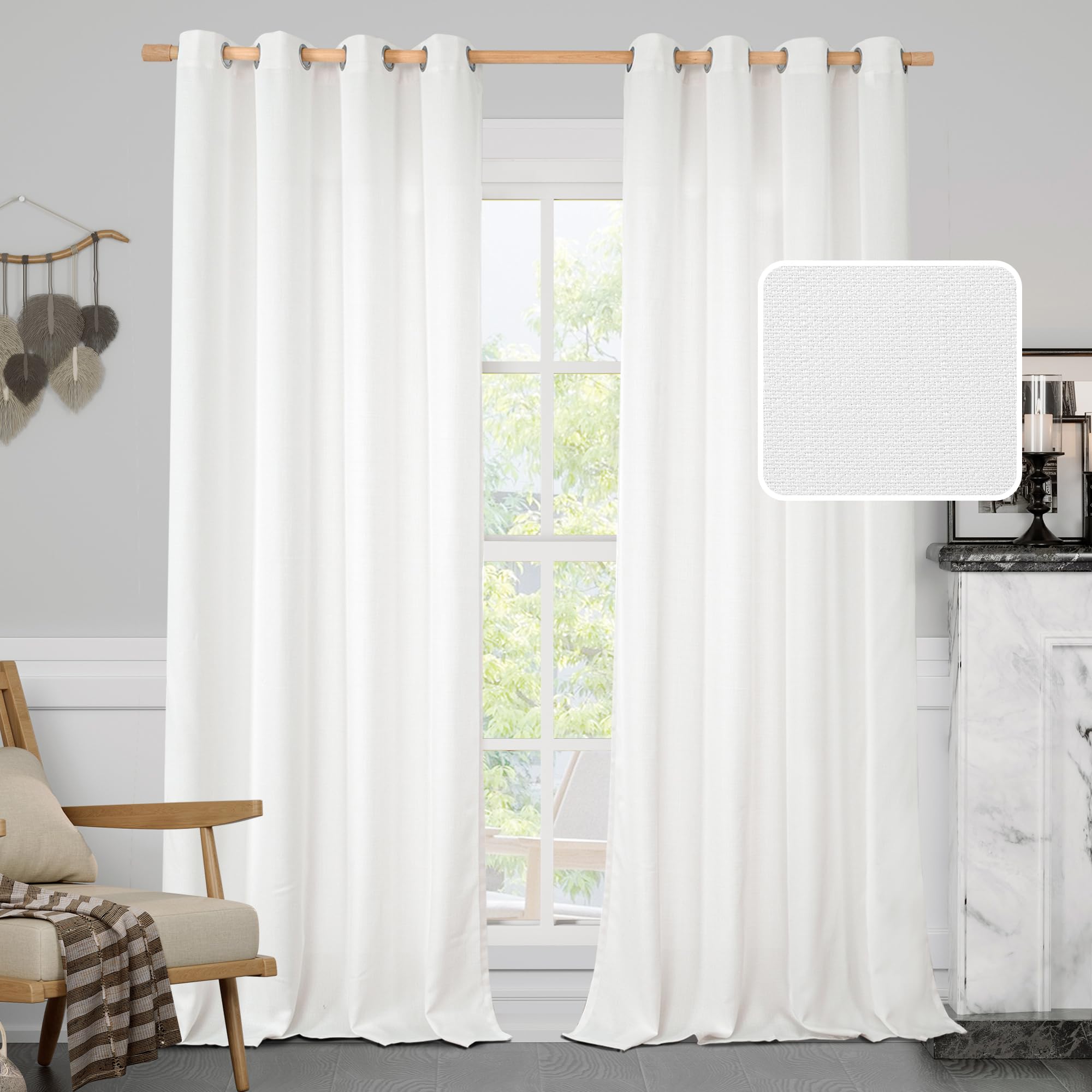 Photo 1 of LAMIT White Linen Curtains 95 Inch for Bedroom, Grommet Thick Linen Textured Sheer Curtains Light Filtering Privacy Drapes for Living Room/French Door, Set of 2 Panels, 52 x 95 Inch