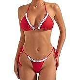 SUUKSESS Women Ruffle Thong Bikini Sets Halter String Triangle 2 Piece Swimsuit