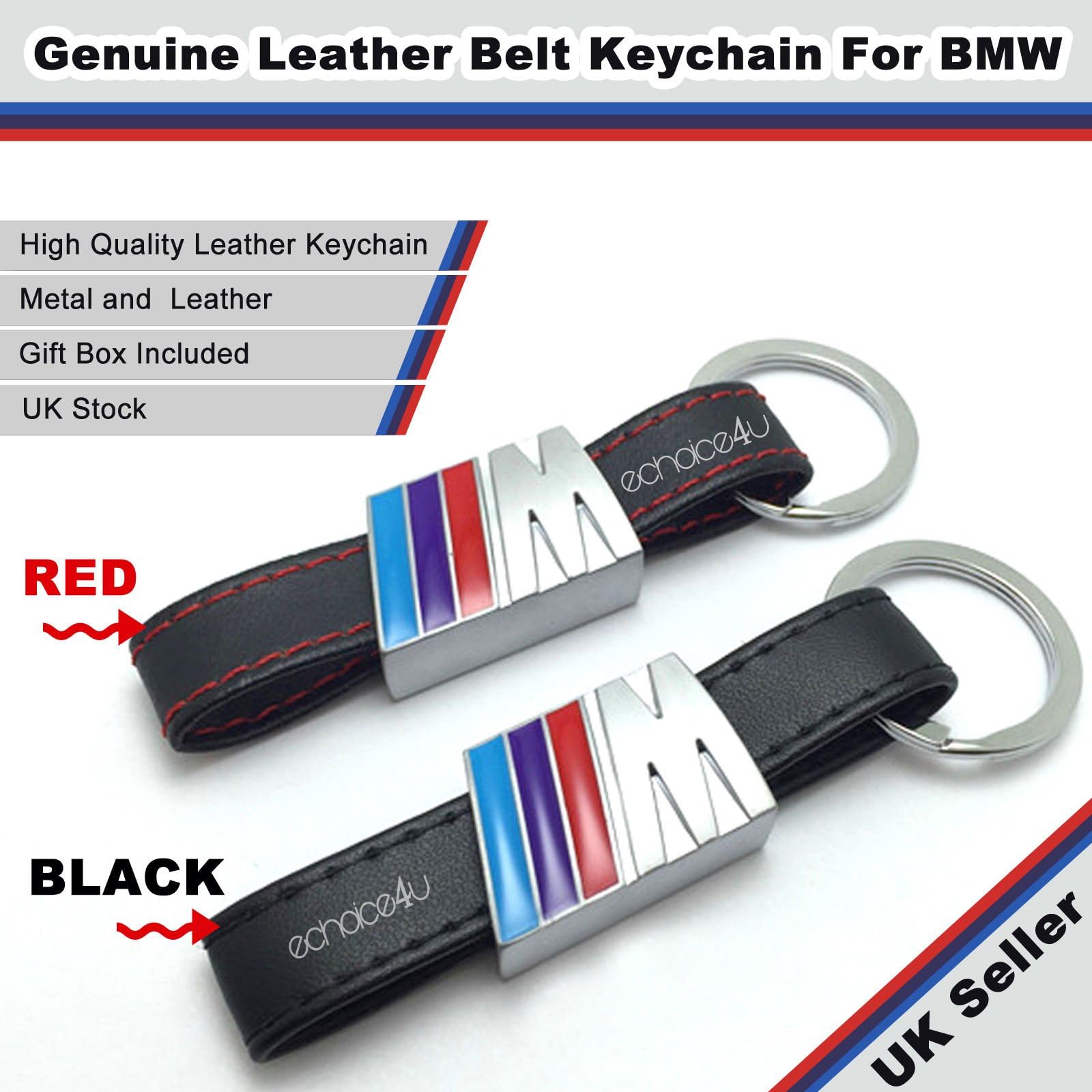 BMW Series Black Leather with red stiches Car Keyring Keychain for BMW