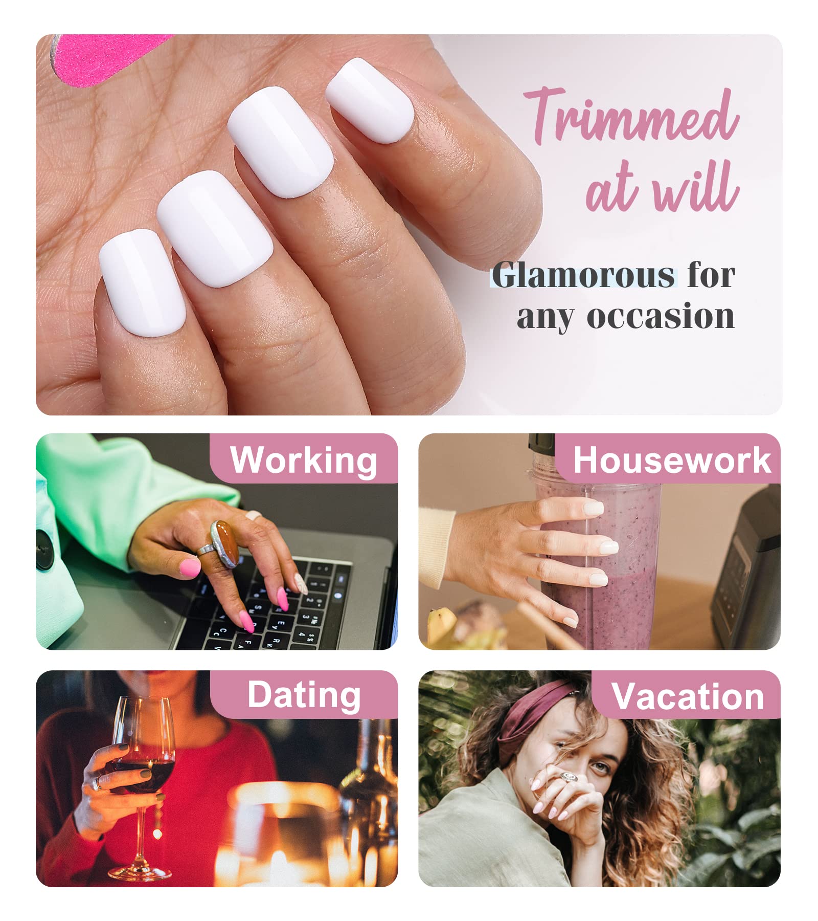 Morily Press on Nails - White Fake False Nails Short Square for Women, Solid Color Glossy Squoval Stick on Fingernails with Adhesive Tabs - 24Pcs in 12 Sizes - Image 7