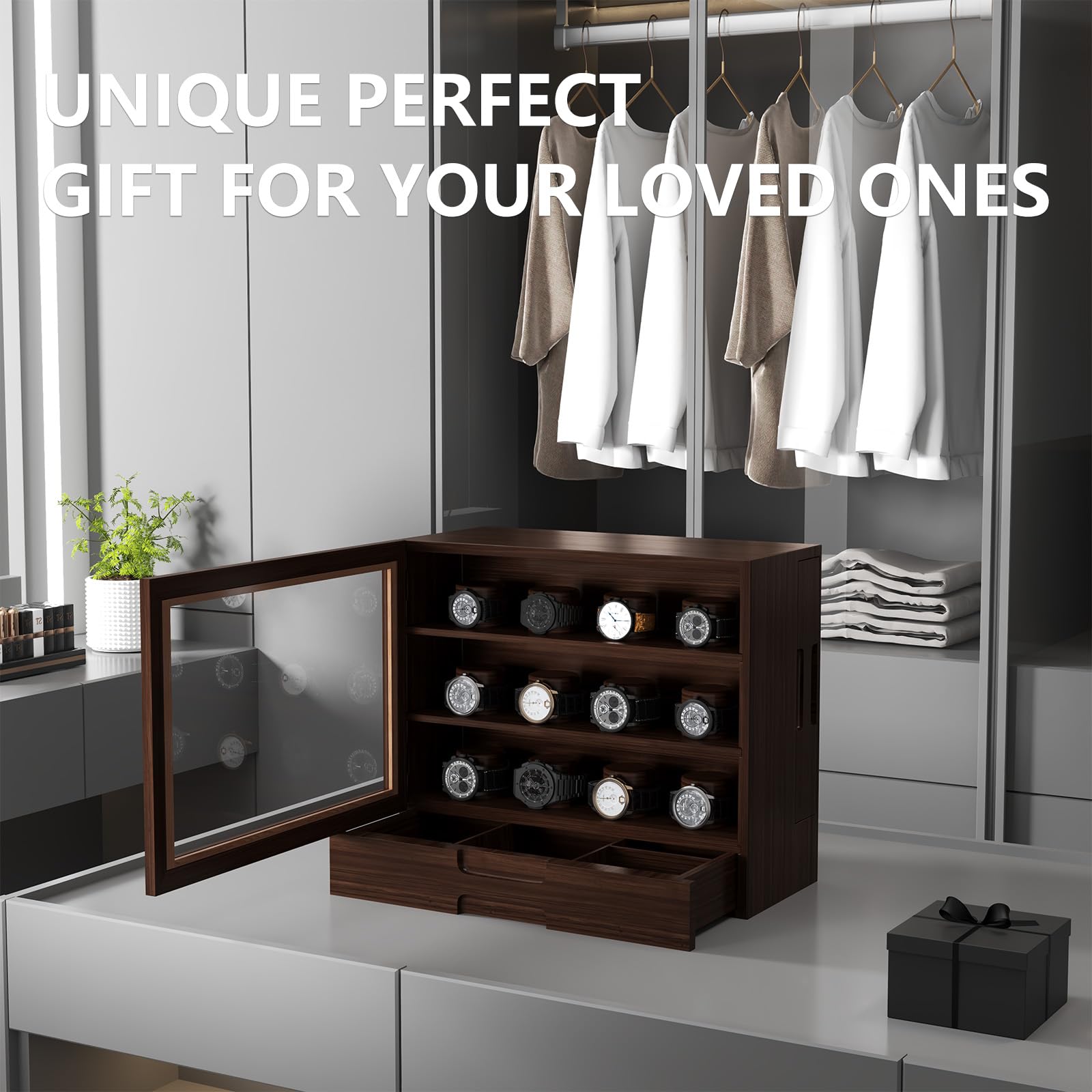 AUTOARK Wooden Watch Sunglass Display Case,12 Watch Box with Jewelry Drawer,Watch Eyeglass Holder with Window,Vertical Storage,Gift Idea,Walnut,AW-185