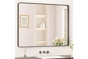 Keonjinn Black Framed Mirror for Bathroom 40 x 30 Inch Rounded Rectangle Wall Mirror, Matte Black Vanity Mirror for over Sink, Tempered Glass Farmhouse Mirror Seamless Metal Frame(Horizontal/Vertical)