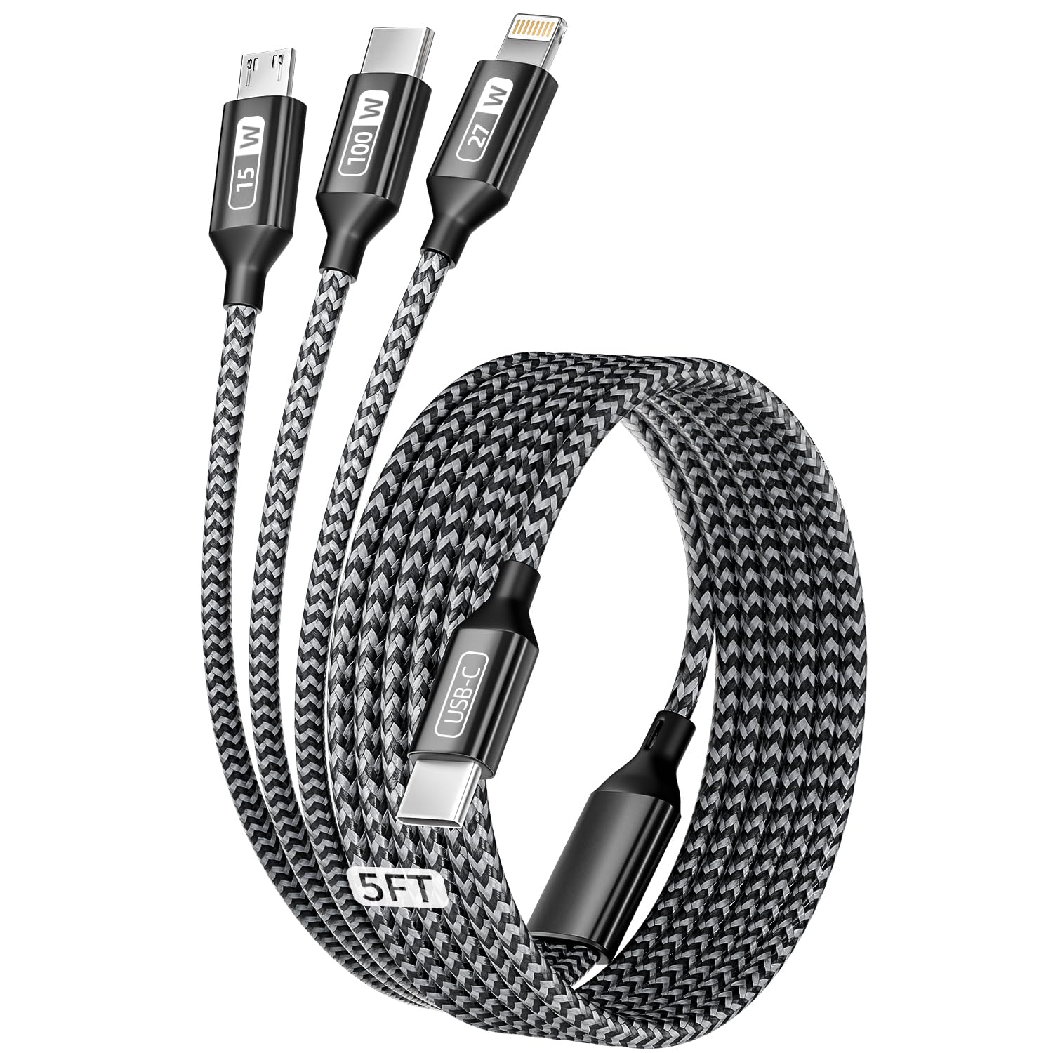 Photo 1 of 100W USB C Cable, Multi Charging Cable Fast Charging 5FT, 3 in 1 USB C Charger Cable with E-Mark Chip, Multi Charger Cord with Type-C, Micro USB, IP Port for iPhone16/15/MacBook/iPad/Samsung (1Pack)
