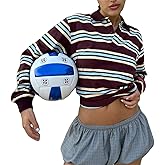 Women Striped Rugby Polo Shirt Lapel Collar Vintage Oversize Long Sleeve Pullover Y2k Tee Casual Sweatshirt