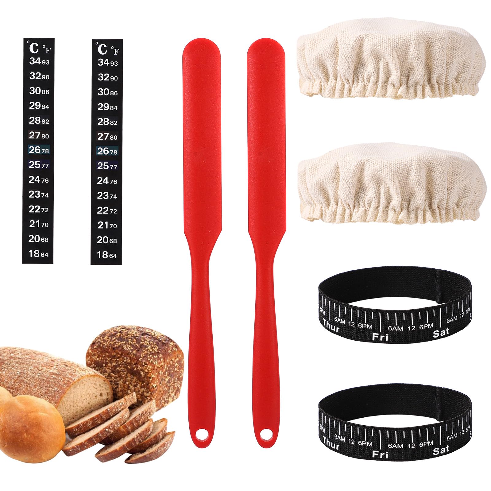 Sourdough Starter Jar Kit, Sourdough Bread Baking Supplies with 2 Cloth Covers, 2 Temperature Gauge, 2 Feeding Date Bands, 2 Silicone Scraper for Sourdough Fermentation Jars