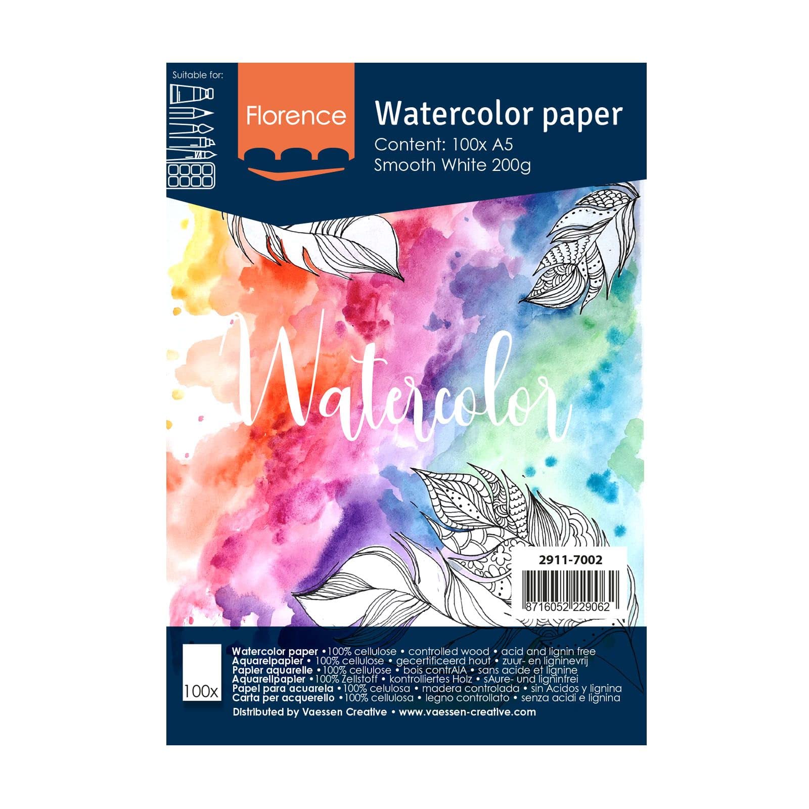 Vaessen Creative Florence Hot Pressed Watercolour Paper, A5, Smooth 200gsm