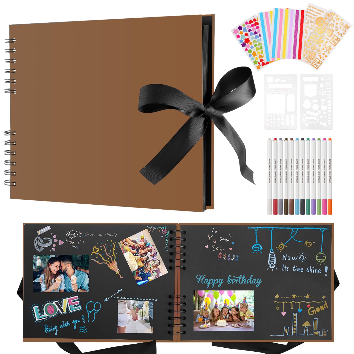 DazSpirit Photo Album Scrapbook - 80 Page DIY Memory Book with 12 Metallic Pens & 8 Photo Stickers, Holds 420 Photos - Scrapbook Kit, Perfect for Writing, Drawing, and Storing Memories(Dark Brown)
