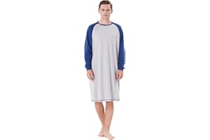 Keyocean Mens Cotton Nightgown Soft Lightweight Long Sleeve Sleepshirt Crew Neck & Pockets Comfortable Lounge Nightwear