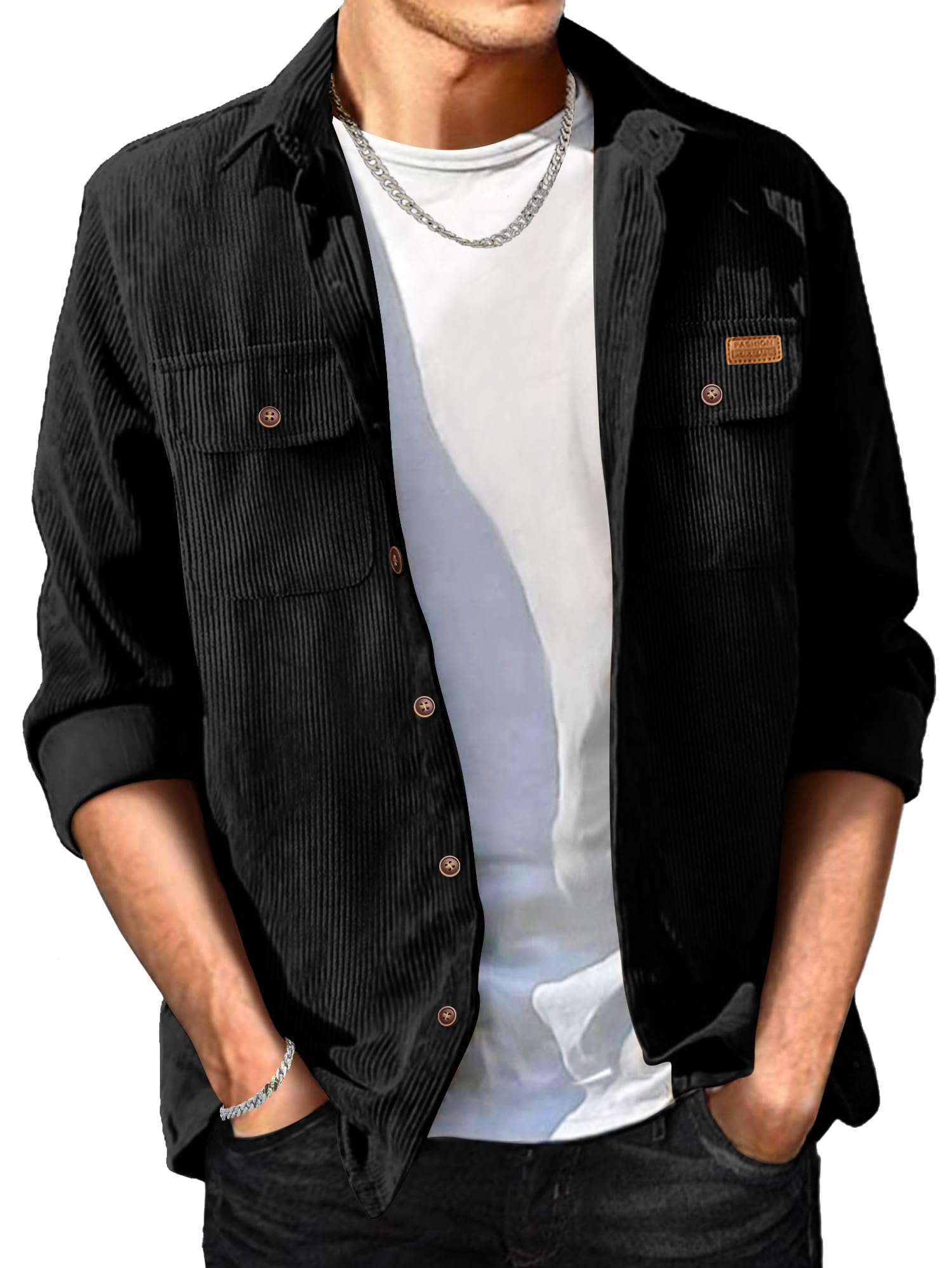 Photo 1 of Comdecevis Lightweight Corduroy Shacket for Men Long Sleeve Button Down Shirt Jackets with Pockets Black Medium