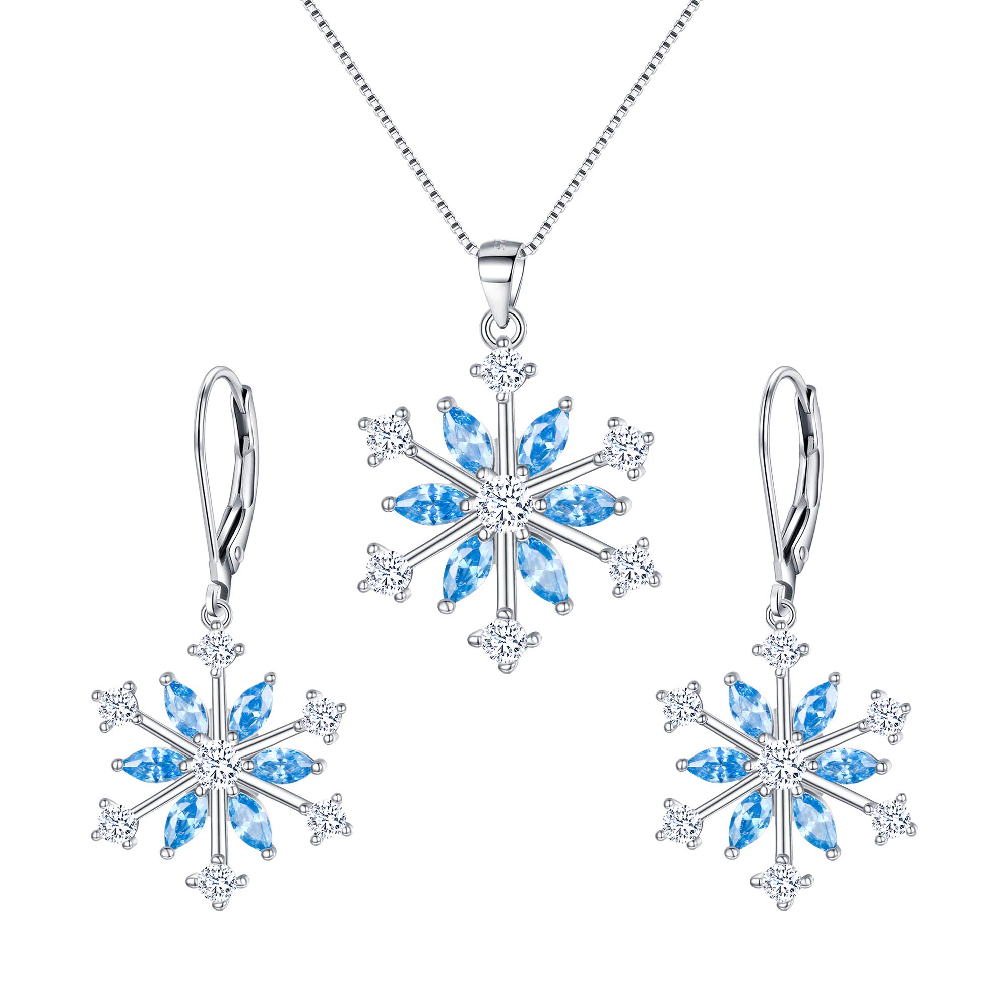 Ever Faith Snowflake Jewerly Sets Sterling Silver Winter Accessory Sparkle Sky Blue CZ Flower Necklace Leverback Earrings Set