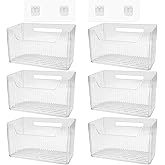6Pcs Storage Organizer Bins Wall Mounted Organizer Basket Large Size Clear Plastic Makeup Organizer Adhesive Hanging Bin for Bathroom Kitchen Pantry