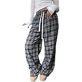 MakeMeChic Women's Plaid Wide Leg Pajama Pants Elastic Waist Long Trousers Loungewear