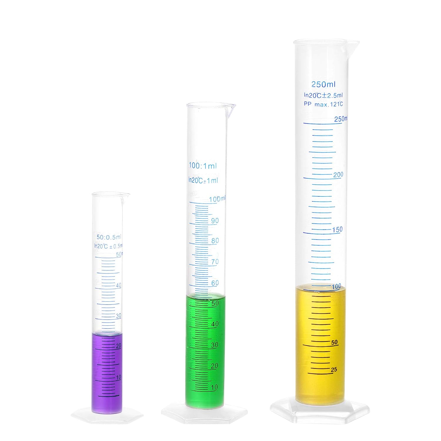 sourcing map Plastic Graduated Cylinder, 50ml 100ml 250ml Measuring Cylinder, Double-Sided Metric Marking, Clear Hex Base, 3 in 1 Set