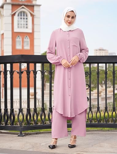 shirt dress muslim Blue striped long shirt dress with belt (Vetement hijab Muslim woman)