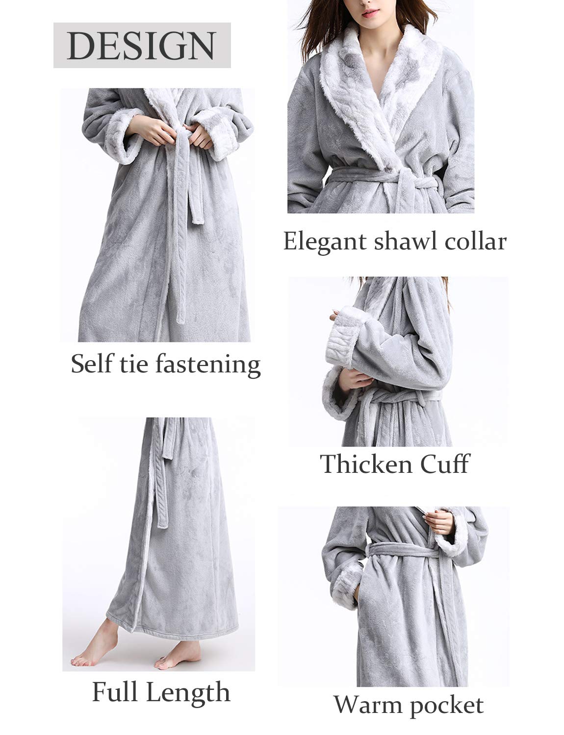 CaiDieNu Mikrofaser Bademantel für Damen Morgenmantel Korallen Vlies Saunamantel, weich und flauschig, mit Schalkragen Gürtel und Taschen