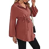 MAKEMECHIC Women's Maternity Blouse Long Sleeve Belted Button Down Casual Pregnancy Blouse Tops
