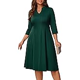 Runwind Plus Size Dresses for Curvy Women, V-Neck 3/4 Sleeve Semi-Formal Fall Church Wedding Guest Cocktail Party Midi Dress