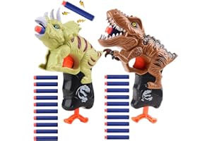 Happitry Dinosaur Blaster Gun Toys for Boys 3 4 5 6 Year Old, Small Dino Foam Guns for Toddlers Age 3-5, Cool Toddler Toy Gun Gifts for Little Kids Birthday or Christmas, 2 Pack T-rex & Triceratop