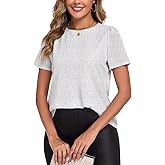 WOWENY Women's Short Sleeve Sparkly Metallic Shirt Glitter Double Layer Blouse Shiny Crewneck Cocktail Top for Evening Party
