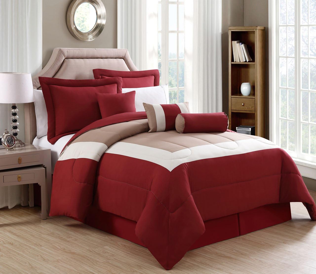 7 Piece Cal King Rosslyn Red/Taupe Comforter Set
