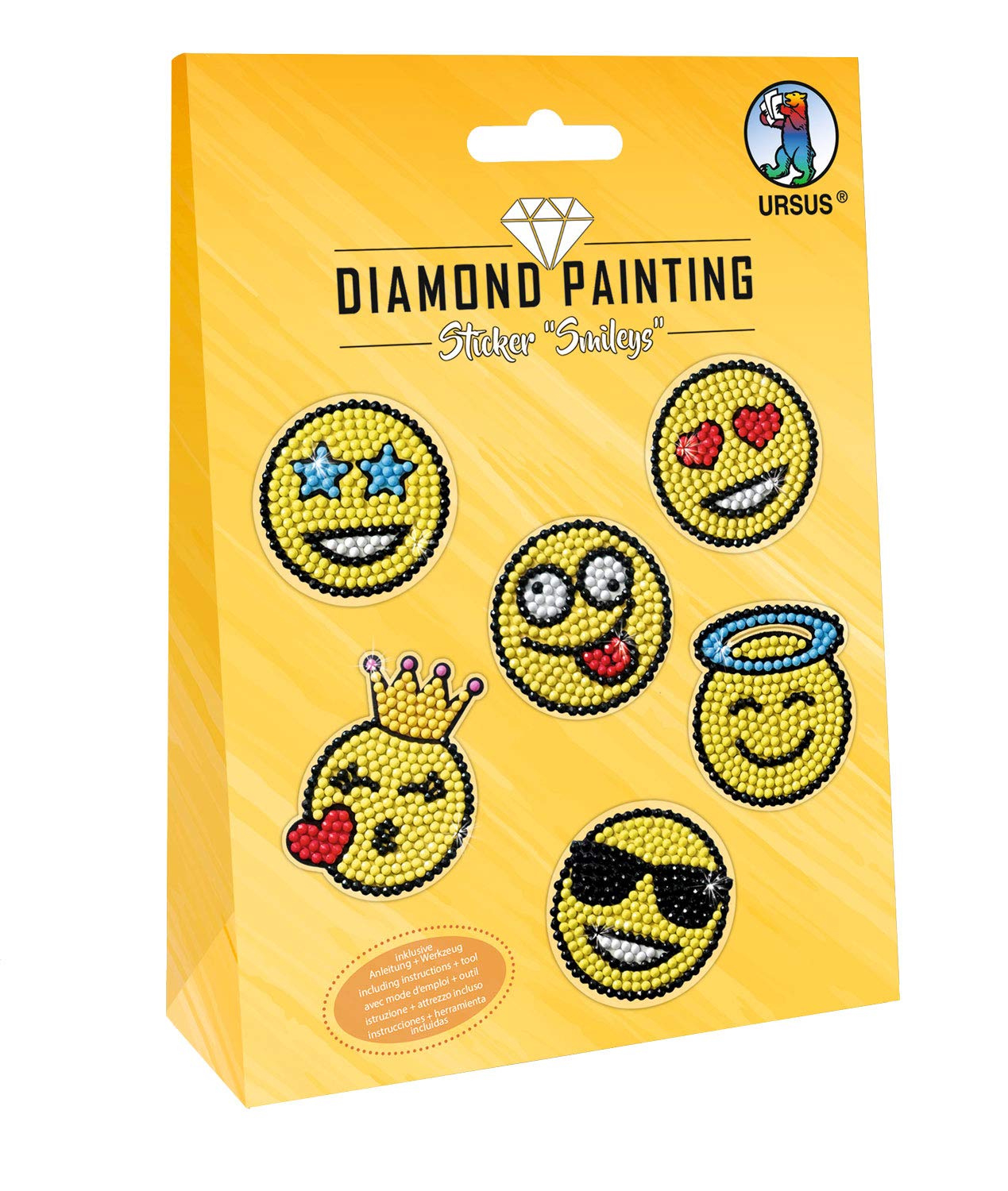 Ursus 43500006 Diamond Painting Smileys for Decorating Stickers with Sparkling Diamonds, 2 Sheets 15 x 10 cm, with Different Designs, Diamond Stones, Pickers, Wax and Bowl, Colourful