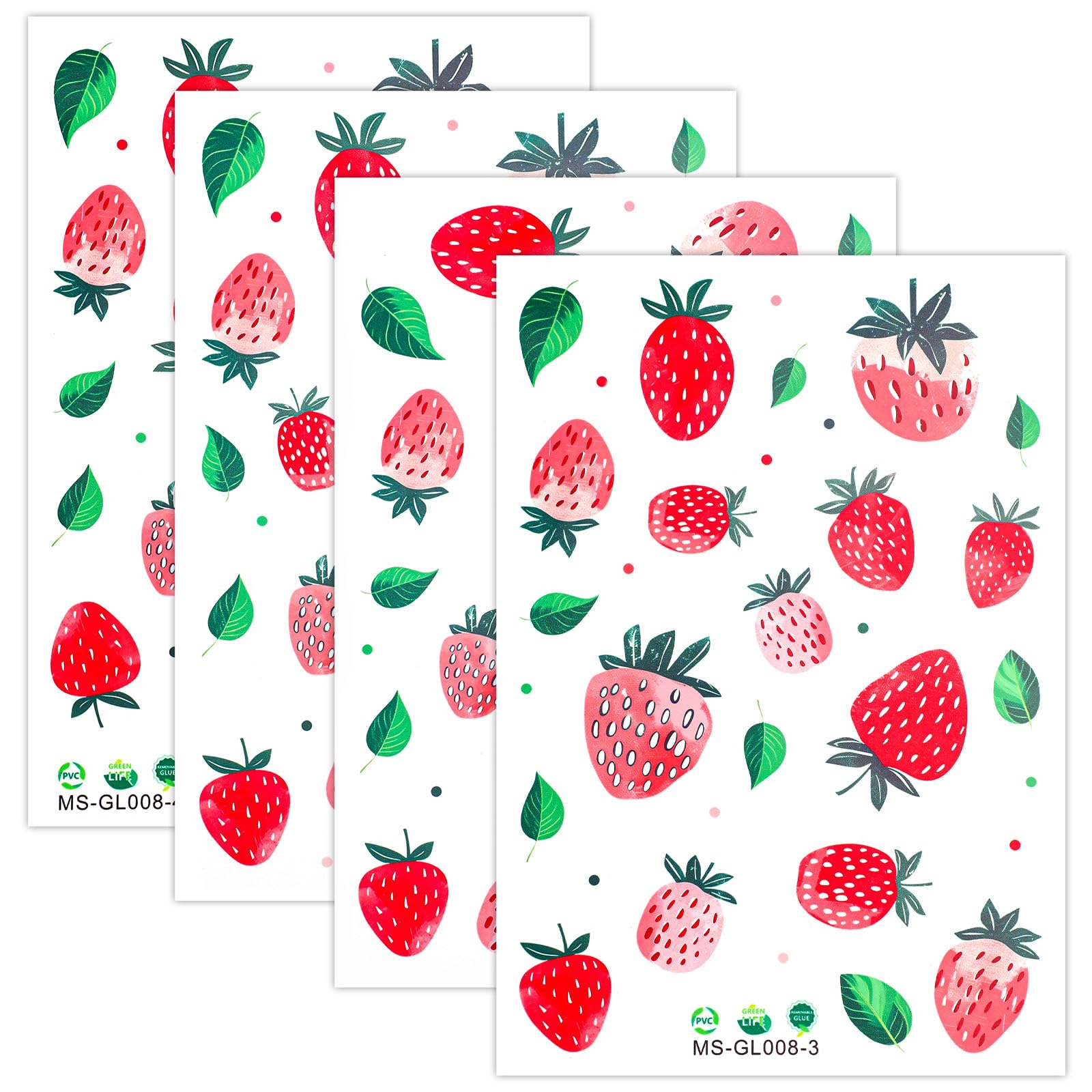 4 Sheets Strawberry Wall Decal, Cute Fruit Wall Art Removable Leaf Berry Stickers Room Decor for Kids Girls Baby Nursery Bedroom Living Room Decoration