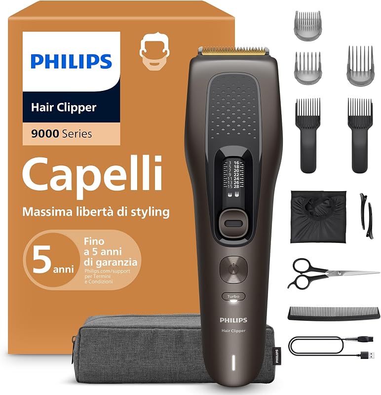Hair Clipper Serie 9000 - Regolacapelli uomo donna, lame autoaffilanti, 28 impostazioni di lunghezza, incrementi di 1 mm, pettine Trim-n-Flow, autonomia fino a 180 min., 4 accessori, HC9721/15