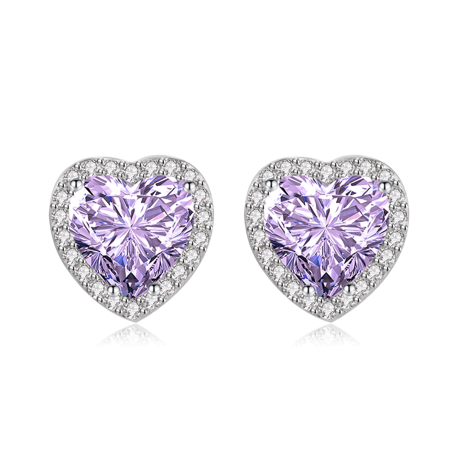 Shuxin Sterling Silver Stud Earrings for Women, Silver Heart Cubic Zirconia Stud Earrings, Big Purple Faux Crystal Diamond Gemstone Studs Earrings, Bridal Earrings for Brides Bridesmaids Wedding