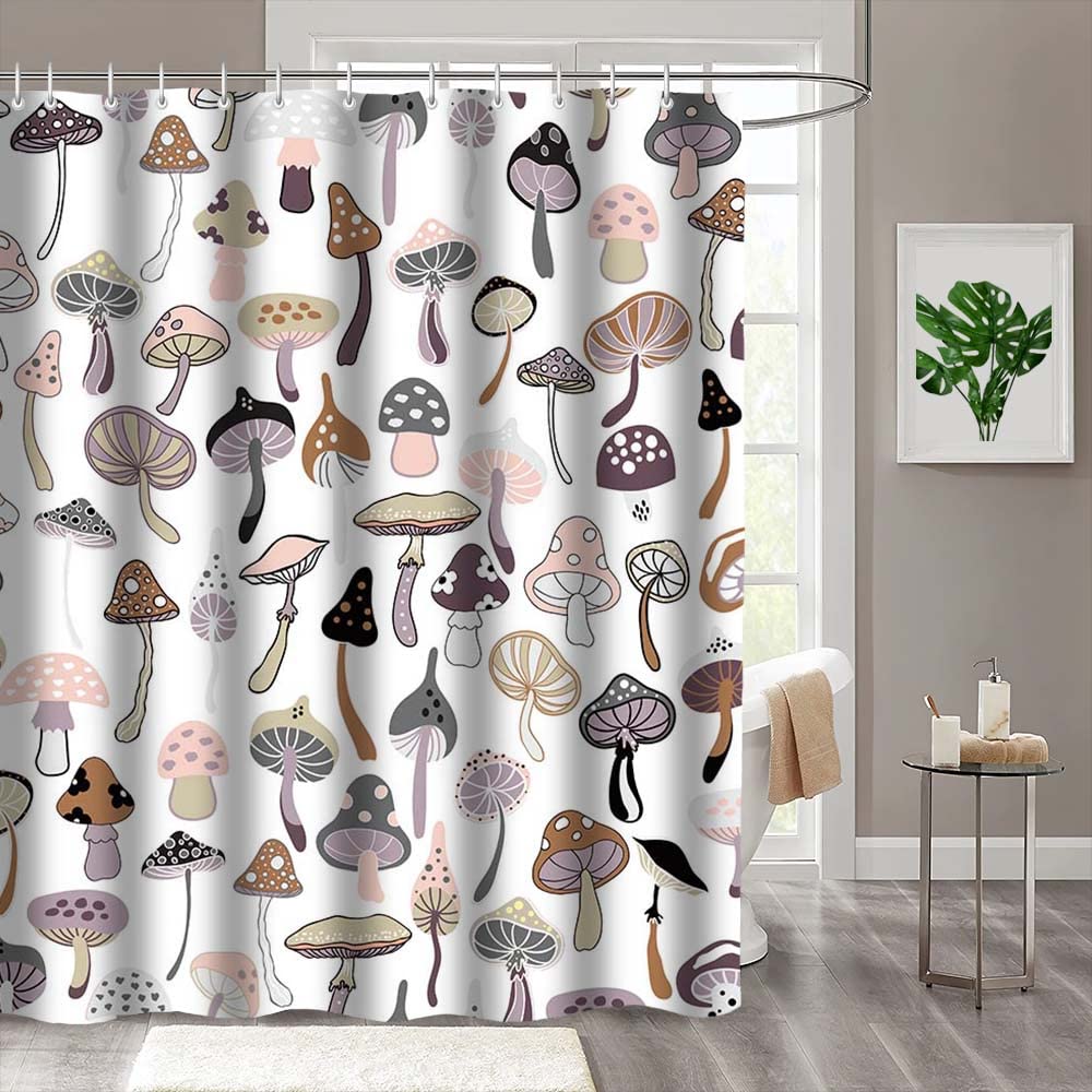 MEHOFOND 72x72inch Mushroom Shower Curtain Natural Plant Wild Mushroom Bathtub Decoration Retro Psychedelic Style Used For Bathroom Accessories Durable Polyester Material With 12 Hooks