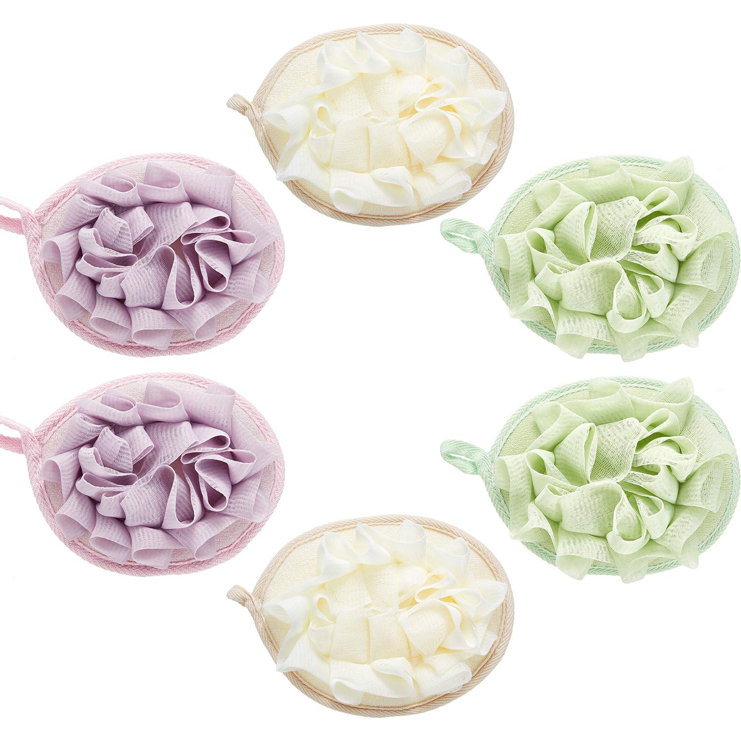 Photo 1 of Boao 6 Pcs Bath Shower Pouf Sponge Mesh Pouf Shower Ball Exfoliating Body Sponge Pad Scrubber Glove with Flower Bath Ball (Beige,Green,Purple)