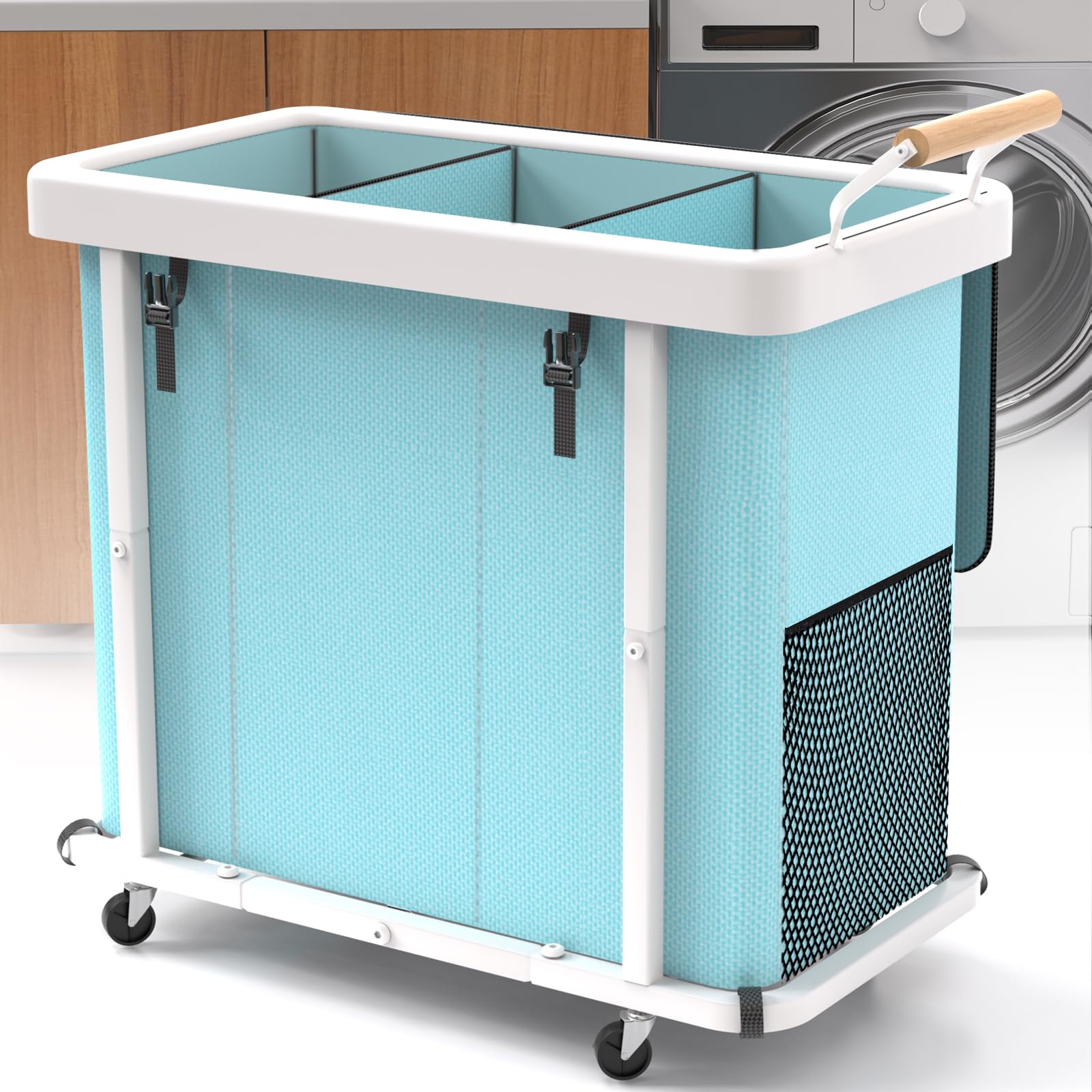 Photo 1 of 230L (60 Gal) Extra Large Fashion Laundry Sorter 3 Section with Lid, Rolling Laundry Basket Hamper with Handle, Laundry Organizer Storage Cart with Sturdy Metal Frame for Laundry Room,Hotel,Blue