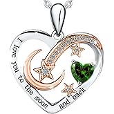 ALIANN Valentine's Day Gift, 925 Sterling Silver Birthstone Heart Necklace for Women, “I Love You to the Moon and Back” Pendant, Gift-Ready Anniversary Birthday Jewelry Gift for Her Wife Mom Daughter Grandma