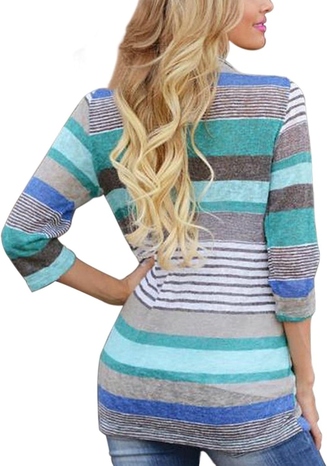 DEARCASE Women's 3/4 Sleeve Cardigans Striped Printed Open Front Draped Kimono Loose Cardigan at  Women’s Clothing store