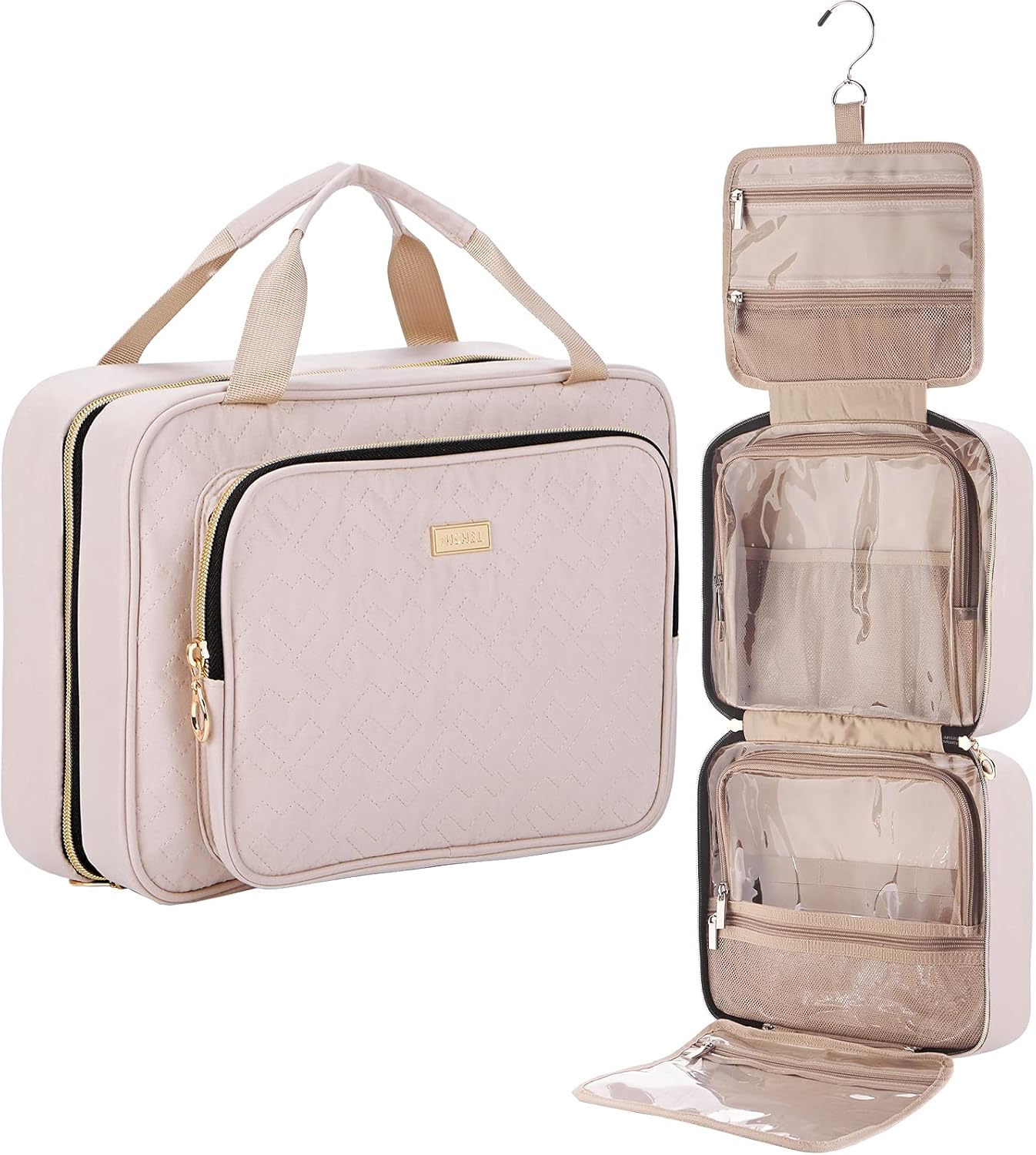 NISHEL 4 Sections Hanging Travel Toiletry Bag Organizer, Water Resistant Large Makeup Cosmetic Case for Bathroom Shower, Pink: Clothing