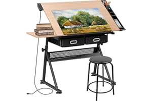 SUPER DEAL Drafting Table Set with Charging Station, Tilting Tabletop Adjustable Height Art Desk Multifunctional Craft Workstation with Stool, 2 Storage Drawers for Home Office School, Natural