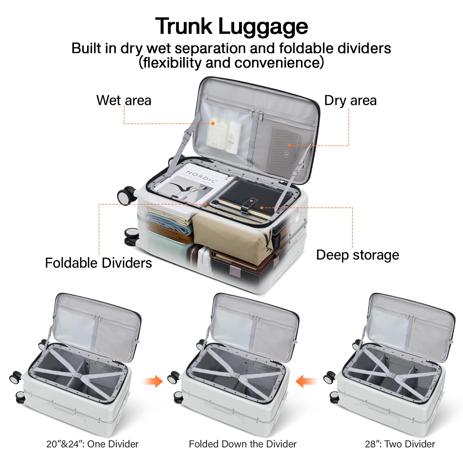Hanke 20 Inch Carry On Luggage with Cup Holder and Charge,Top Opening Hard Shell Suitcases with Wheels and Dividers,Aluminum Frame Trunk Luggage Small Suitcase with Lock for Travel,Smoke White