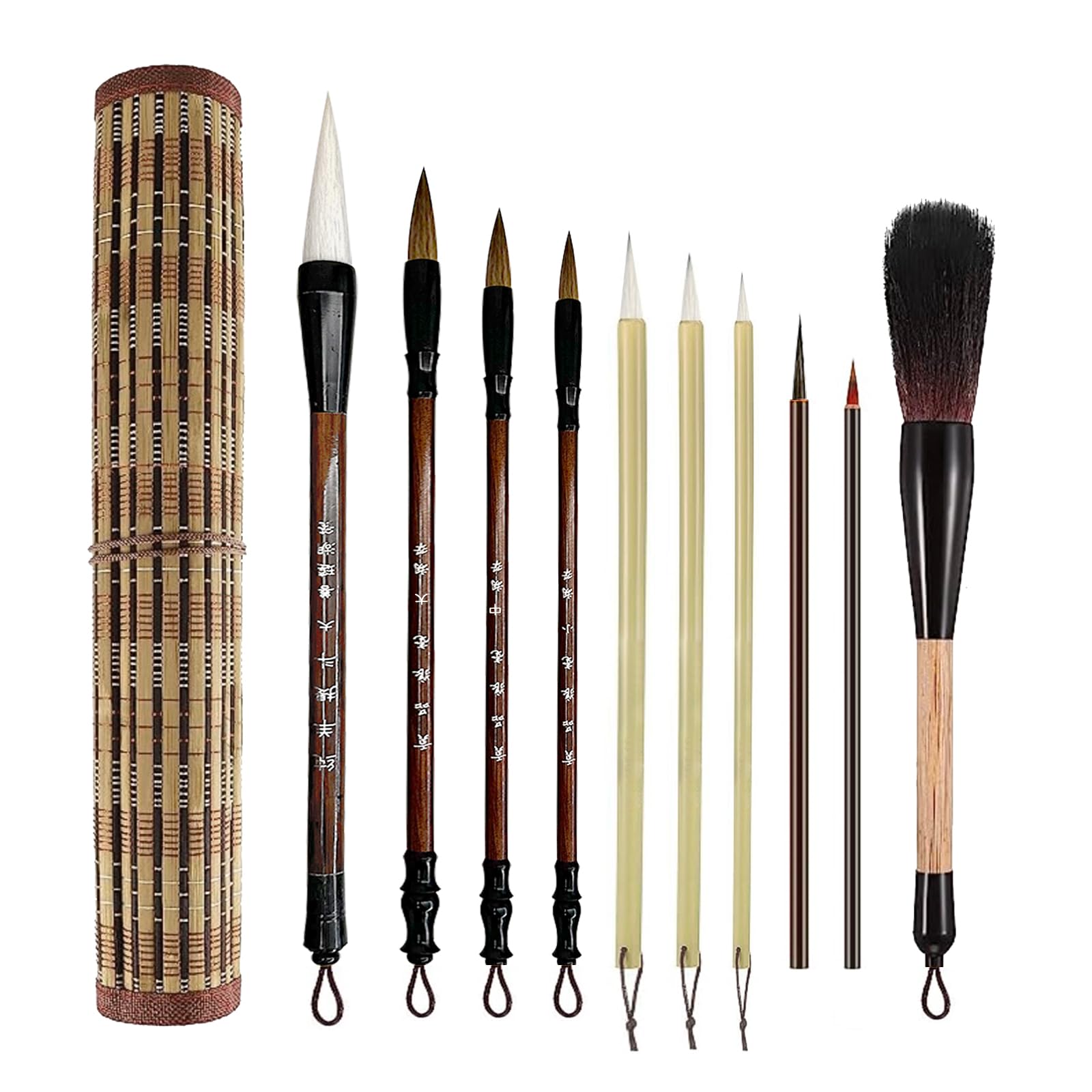 Photo 1 of SEAMEW 10-Piece Chinese Calligraphy Brush Set - Premium Writing Brushes with Roll-up Bamboo Brush Holder