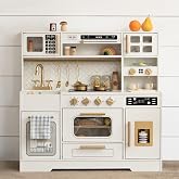 Wooden Play Kitchen for Kids with Real Lights and Sounds for Pretend Play | Stove, Sink, Oven, Coffee Maker, Ice Maker, Cabinets and 15 Accessories Create a Complete Cooking and Serving Setup, Ages 3+