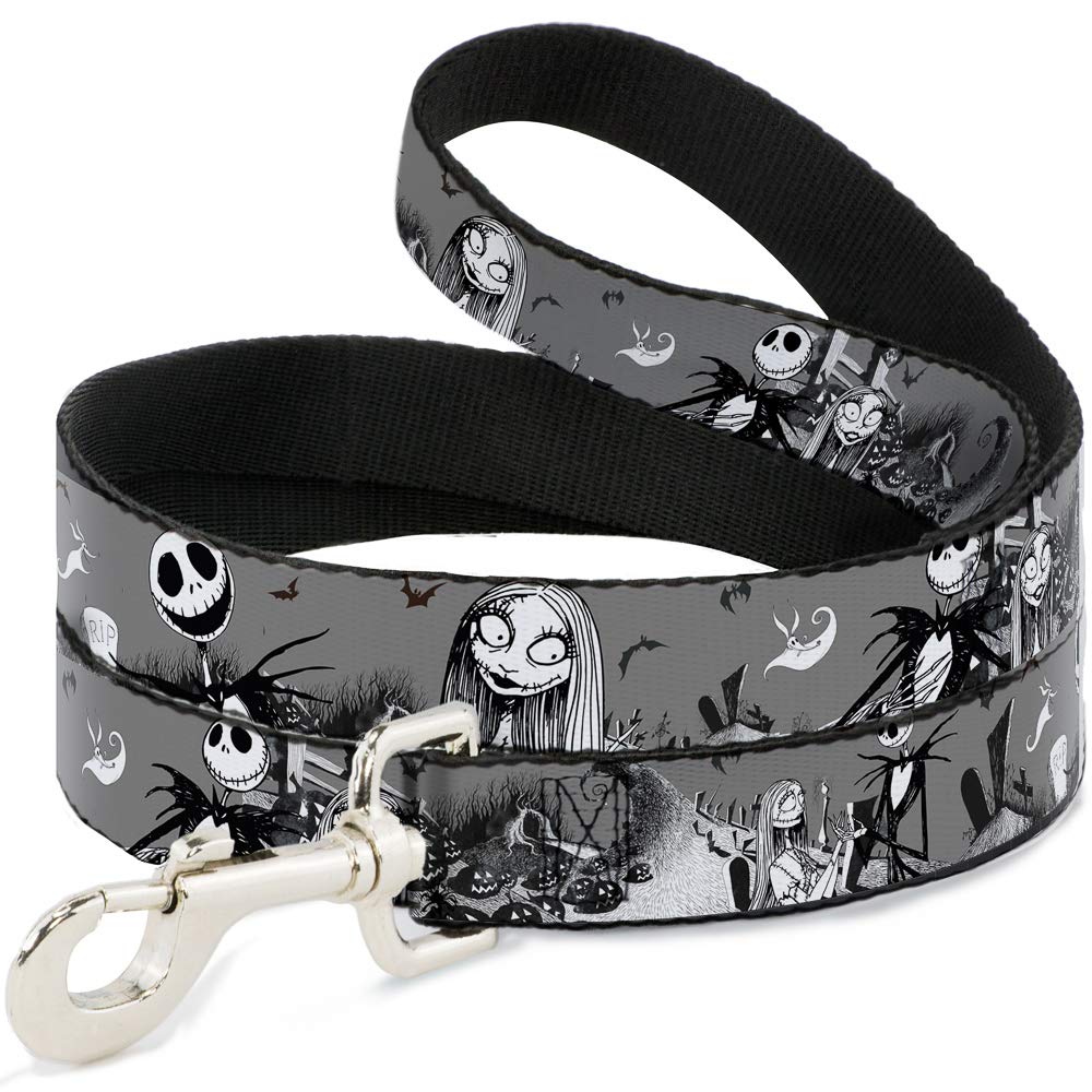 Buckle-Down Disney Pet Leash, Dog Leash, Nightmare Before Christmas Jack Sally Cemetery Scene Gray, 6 Feet Long 1.0 Inch Wide