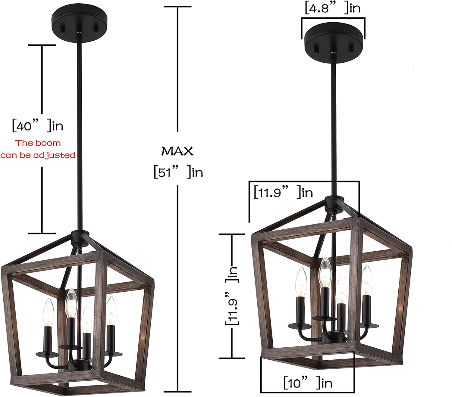 4-Light Chandelier Rustic Metal Pendant Light, Adjustable Height Lantern Hanging Light with Wood Finish, Farmhouse Lighting Fixtures for Living Room, Kitchen, Hallway and Entryway. - - 