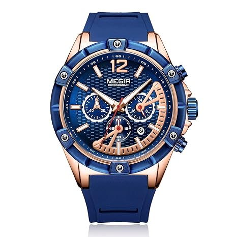 Megir Herren-Sport-Chronograph, Quarz-Armbanduhr, Army-Silikon, wasserdicht, Stoppuhr